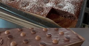 Toffifee Kuchen mit Schokolade, Karamell und Nüssen auf einem Teller serviert.
