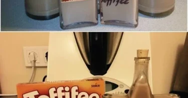 Flasche Toffifee-Likör auf einem Tisch, ideal für Desserts und Cocktails.