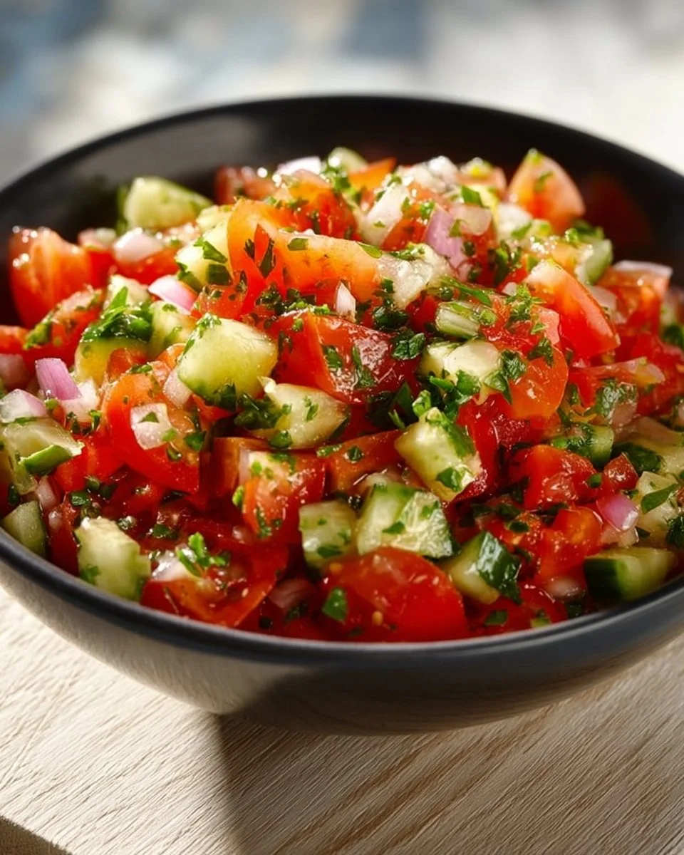 Frischer Tomaten Gurken Salat mit grünen Kräutern
