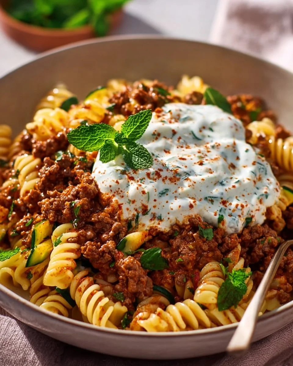 Türkische Pasta mit Hackfleisch und Joghurt-Sauce auf einem Teller