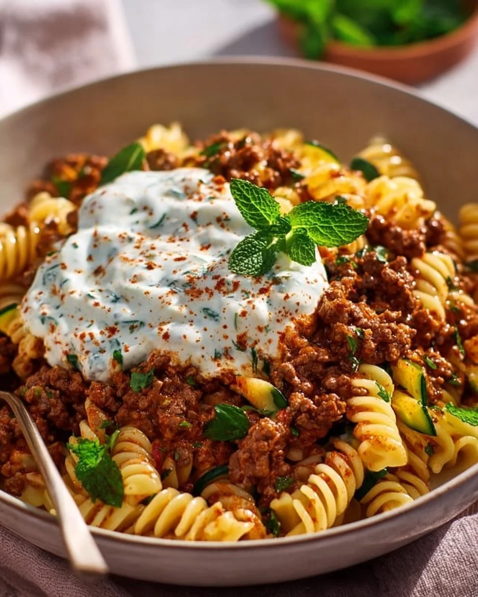 Türkische Pasta mit Hackfleisch und Joghurt-Sauce