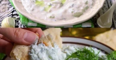Schüssel mit frischem Tzatziki, einem traditionellen griechischen Joghurt-Dip mit Gurken und Knoblauch.