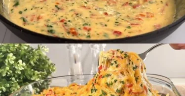 Überbackene Spaghetti mit Käse frisch aus dem Ofen serviert.
