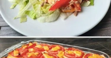 Überbackenes Hackfleisch mit Käse und frischen Tomaten auf einem Teller