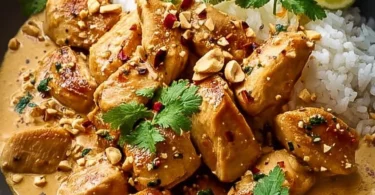 Thai-Erdnuss-Hühnchen auf einem Teller mit Erdnüssen und frischem Gemüse