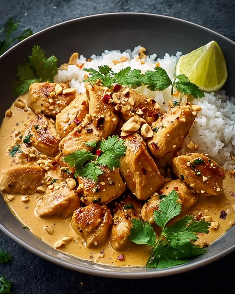 Thai-Erdnuss-Hühnchen auf einem Teller mit Erdnüssen und frischem Gemüse