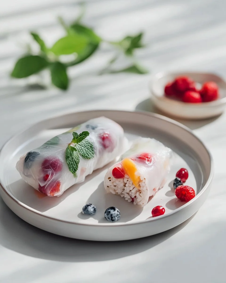 Vegane Sommerrollen gefüllt mit Kokosreis und frischen Zutaten