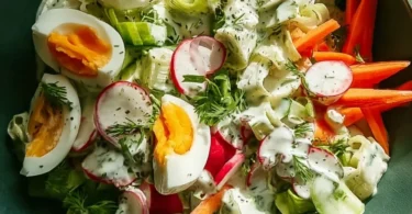 Vegetarischer Frühlingssalat mit frischen Zutaten und bunten Farben