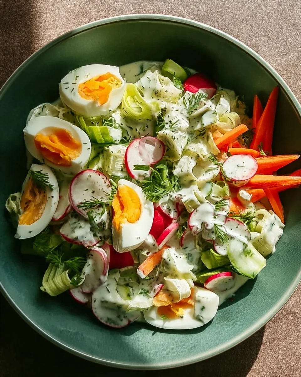 Vegetarischer Frühlingssalat mit frischen Zutaten und bunten Farben