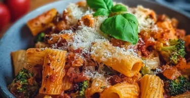 Vegetarischer Nudelauflauf mit frischem Gemüse und Käse überbacken