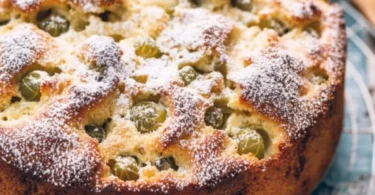 Versunkener Stachelbeerkuchen mit frischen Stachelbeeren auf einem Teller
