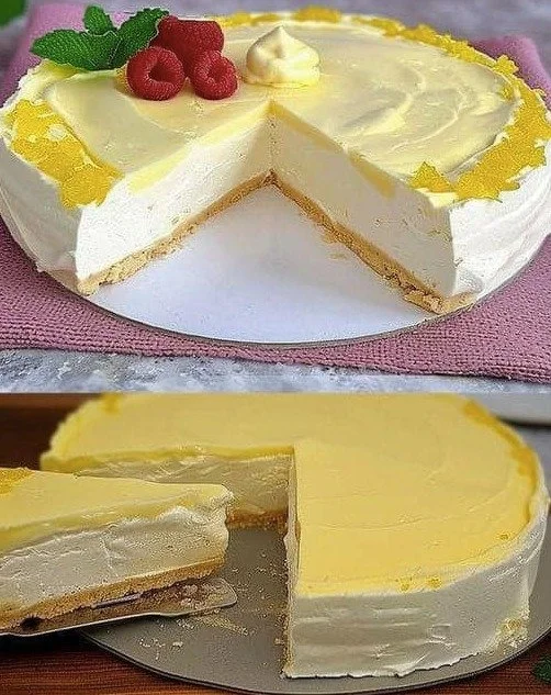 Saftiger Zitronen-Joghurt-Kuchen auf einem Teller, garnierte Zitronenscheiben.