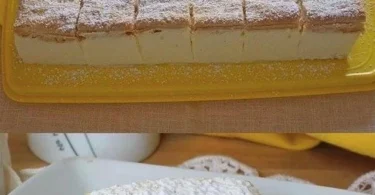 Zitronen-Mascarpone-Kuchen auf einem Teller, dekoriert mit Zitronenscheiben