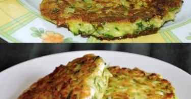 Zucchini-Pfannkuchen mit Feta und Tzatziki auf einem Teller serviert