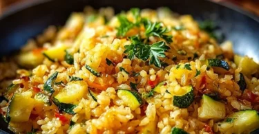 Zucchini-Reis-Pfanne mit frischen Zutaten und Gewürzen