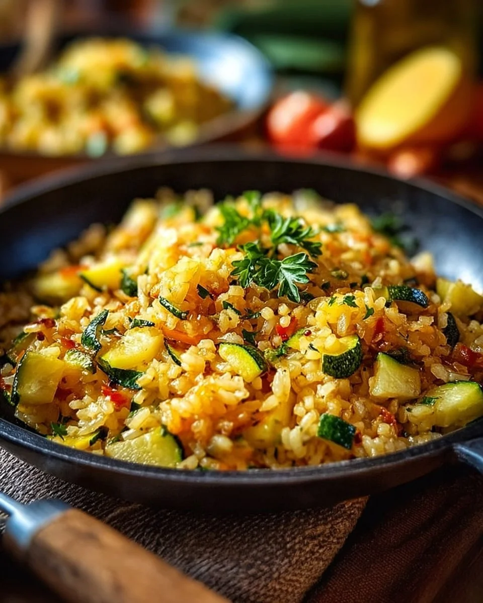Zucchini-Reis-Pfanne mit frischen Zutaten und Gewürzen