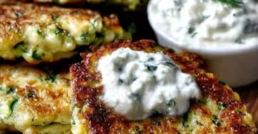 Zucchinipuffer mit Feta und frischem Tzatziki auf einem Teller serviert