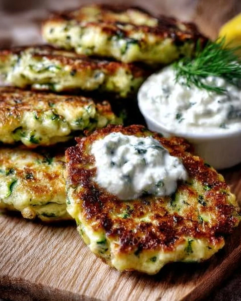 Zucchinipuffer mit Feta und frischem Tzatziki auf einem Teller serviert