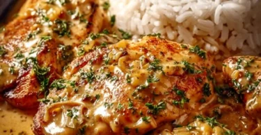Zwiebel-Sahne-Hähnchen in einer cremigen Sauce mit Zwiebeln serviert.