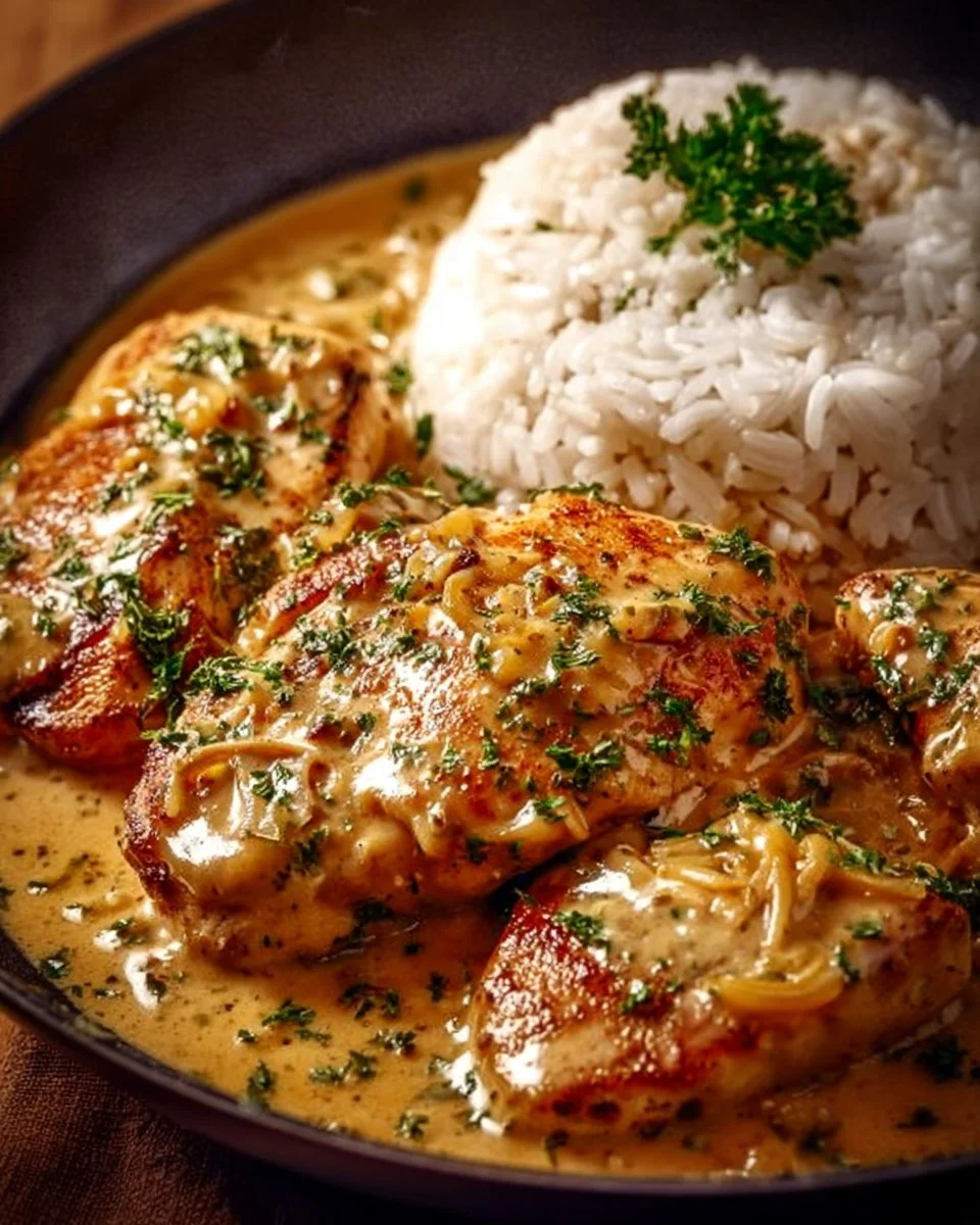 Zwiebel-Sahne-Hähnchen in einer cremigen Sauce mit Zwiebeln serviert.