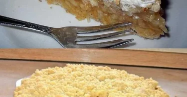 Apfel-Nuss-Kuchen mit cremigem Vanillepudding serviert auf einem Teller