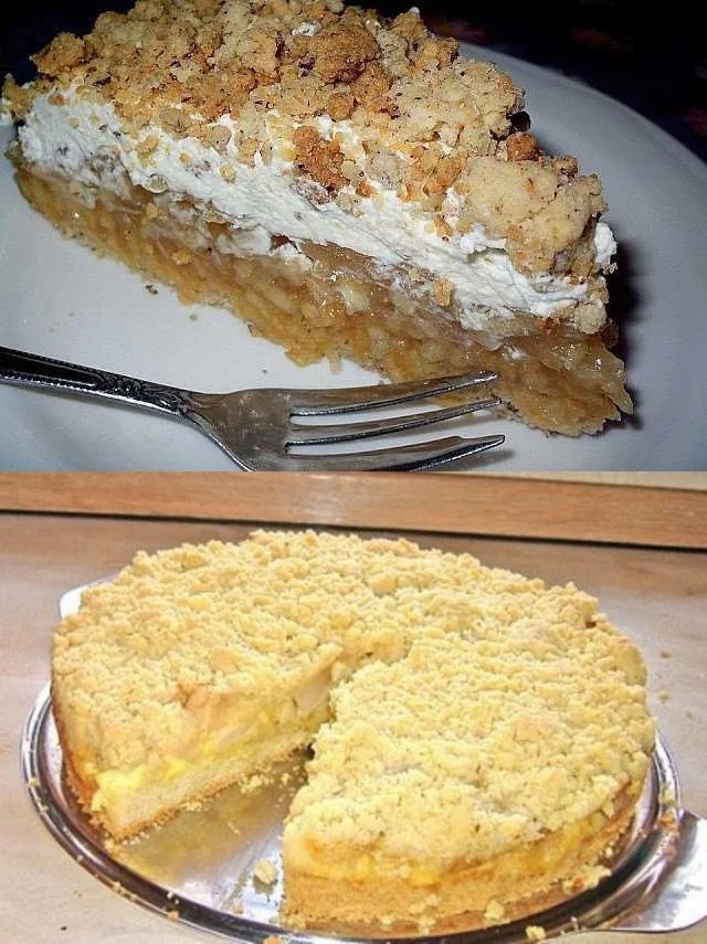 Apfel-Nuss-Kuchen mit Vanillepudding