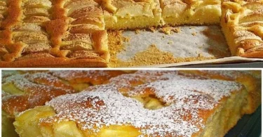 Leckerer Apfelkuchen mit frischen Äpfeln und Zimt auf einer rustikalen Holzplatte