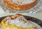 Saftiger Birnenkuchen mit Vanilleguss auf einem Teller serviert