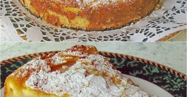 Saftiger Birnenkuchen mit Vanilleguss auf einem Teller serviert