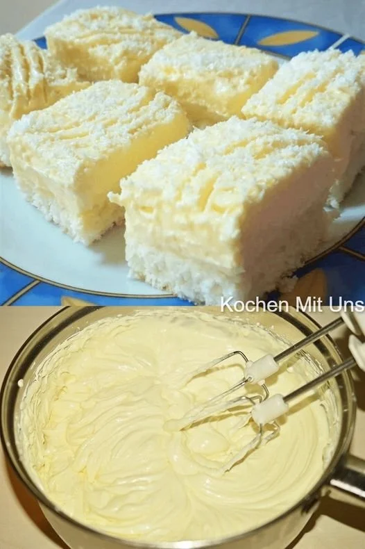Blitz Kokosnusskuchen mit cremigem Vanillepudding auf einem schönen Teller