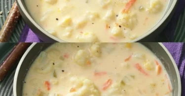 Cremige Blumenkohlsuppe serviert in einer Schüssel mit frischen Kräutern.