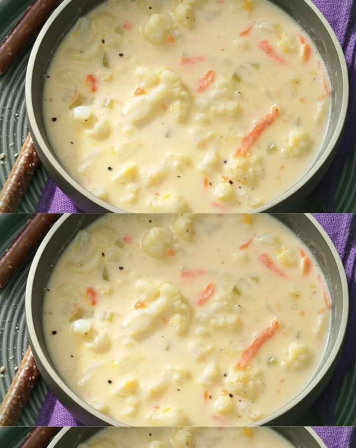 Cremige Blumenkohlsuppe serviert in einer Schüssel mit frischen Kräutern.