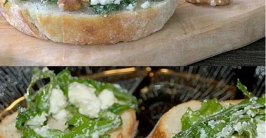 Bruschetta mit Arugula und Feta auf einem rustikalen Holzbrett