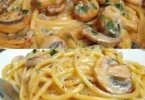 Champignons Spaghetti aus der Pfanne, köstliches Pastagericht mit frischen Pilzen