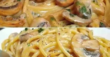 Champignons Spaghetti aus der Pfanne, köstliches Pastagericht mit frischen Pilzen