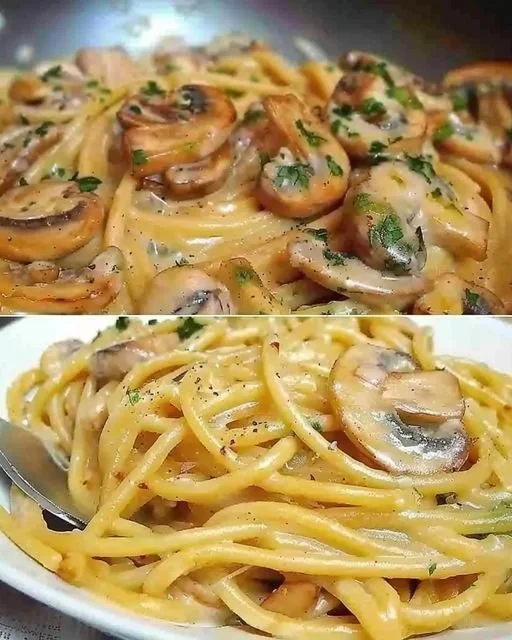 Champignons Spaghetti aus der Pfanne, köstliches Pastagericht mit frischen Pilzen