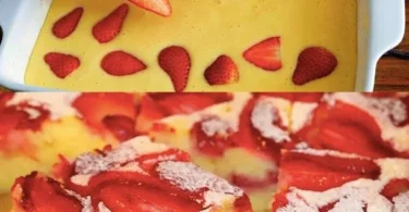 Saftiger Erdbeerspongekuchen vom Backblech mit frischen Erdbeeren
