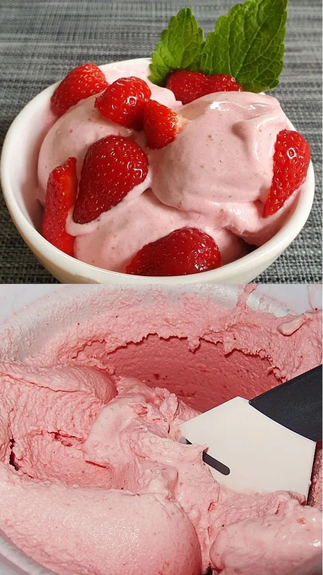Verschiedene Portionen von Erdbeer-Joghurt-Eiscreme in einer bunten Eisschale