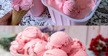 Eine leckere Schüssel Erdbeereis mit frischen Erdbeeren und Sahne garniert.
