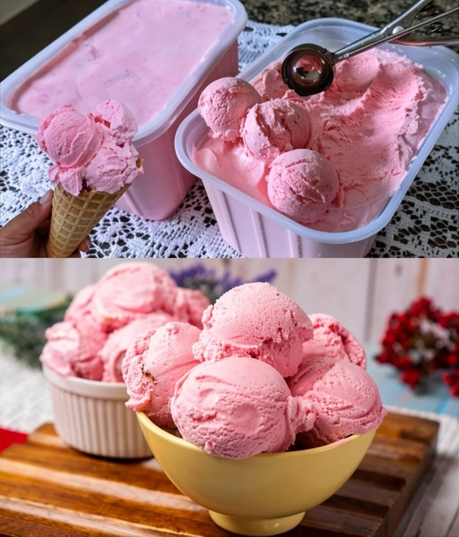Eine leckere Schüssel Erdbeereis mit frischen Erdbeeren und Sahne garniert.