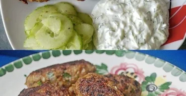 Fleischbällchen mit Joghurtsauce und Salat auf einem Teller serviert