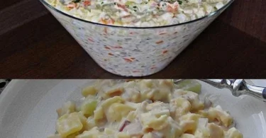 Frischer Kartoffelsalat mit Schinken und Äpfeln in einer Schüssel