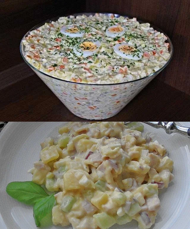 Frischer Kartoffelsalat mit Schinken und Äpfeln in einer Schüssel