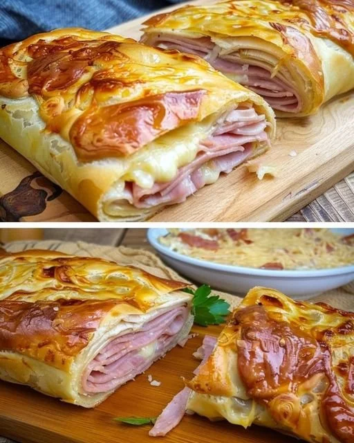 Gefüllter Blätterteigstrudel mit Schinken und Käse, serviert auf einem Teller.