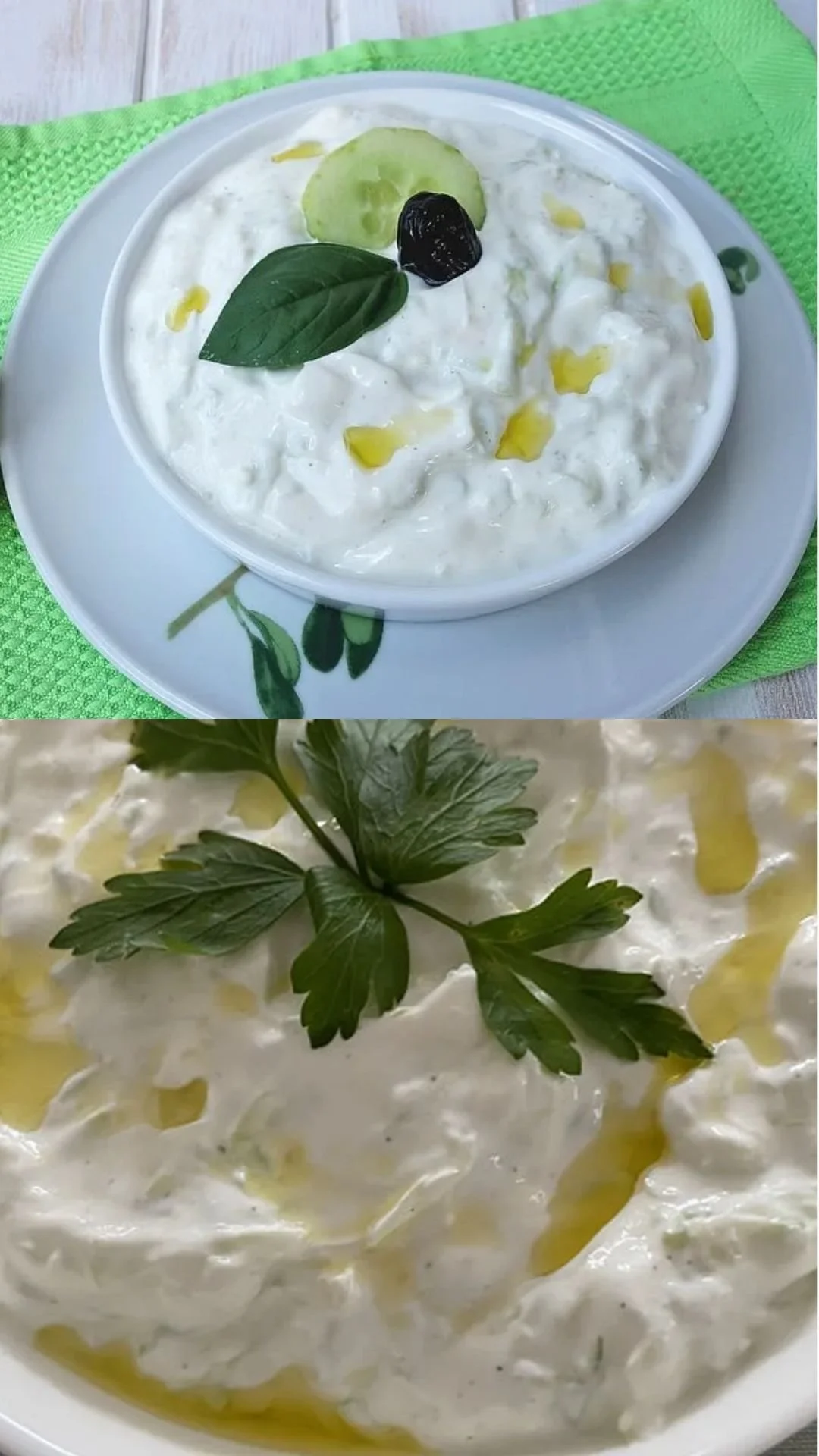 Griechischer Gurken-Joghurt-Dip in einer Schüssel serviert mit frischen Kräutern.