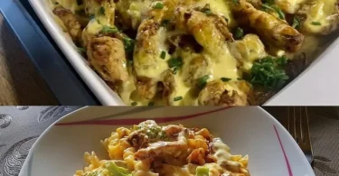 Gyros Casserole mit Hollandaise-Sauce auf einem bunten Teller serviert