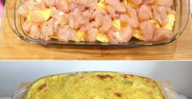 Hähnchen-Cremekartoffelauflauf in einer Auflaufform, servierbereit und lecker.