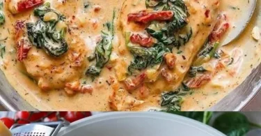 Hähnchen in cremiger Spinat-Parmesan-Soße serviert auf einem Teller