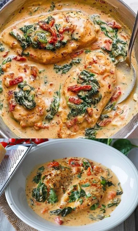 Hähnchen in cremiger Spinat-Parmesan-Soße serviert auf einem Teller