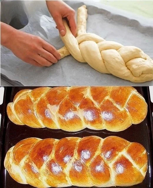 Fluffiger Hefezopf wie vom Bäcker auf einem Kuchenteller